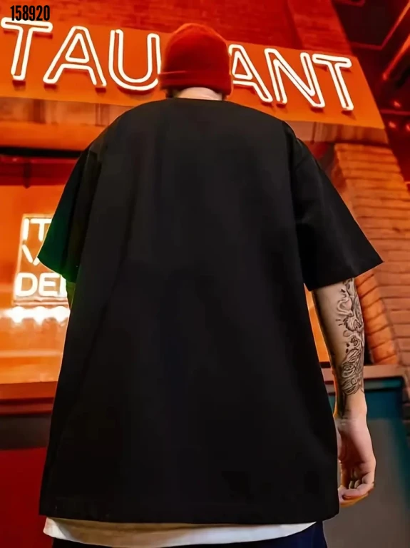 Erkek Kart Baskılı Kısa Kollu Bisiklet Yaka Tişört - Siyah 