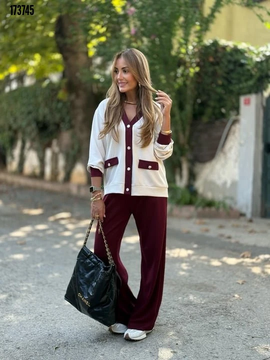 Kadın Ribanali Cep Detay Hırka ve Bol Paça Pantolon İkili Takım