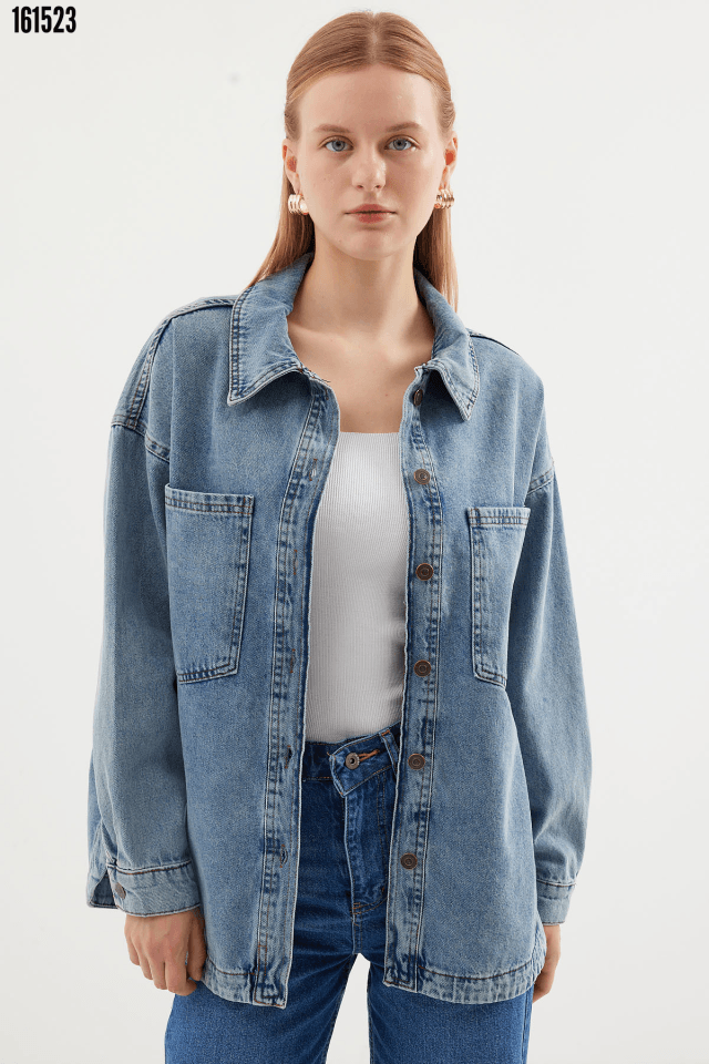 Çift Cepli Oversize Denim Ceket - Buz Mavi