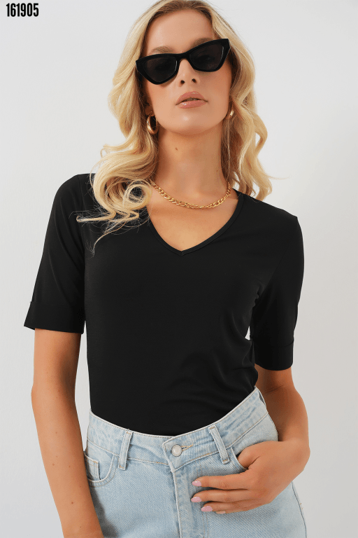 V Yaka Kısa Kol Basic Bluz - Siyah