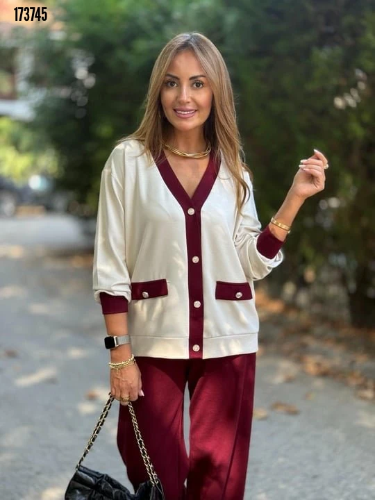 Kadın Ribanali Cep Detay Hırka ve Bol Paça Pantolon İkili Takım