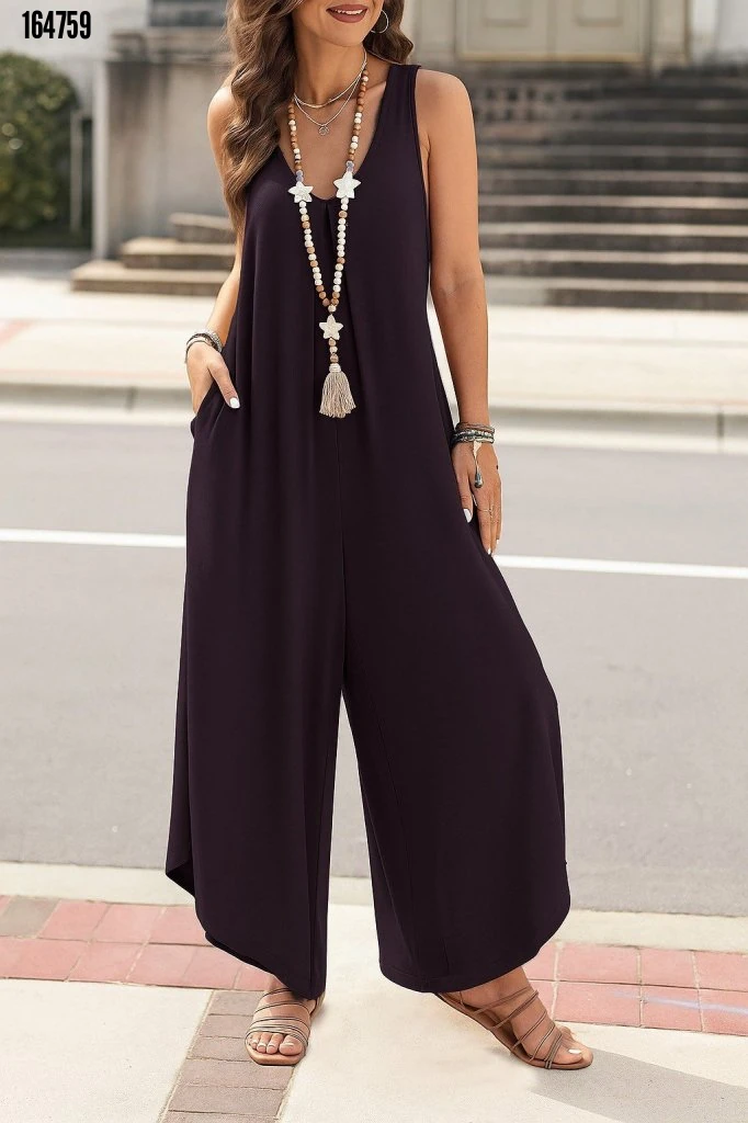 Kadın askılı yuvarlak yaka cepli salaş uzun viskon tulum