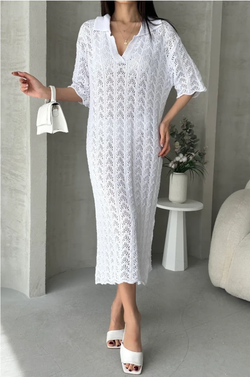 V Yaka Delik İşi Örme Triko Elbise