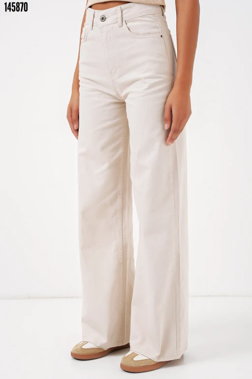 Geniş Paça Yüksek Bel Kot Pantolon - Ekru