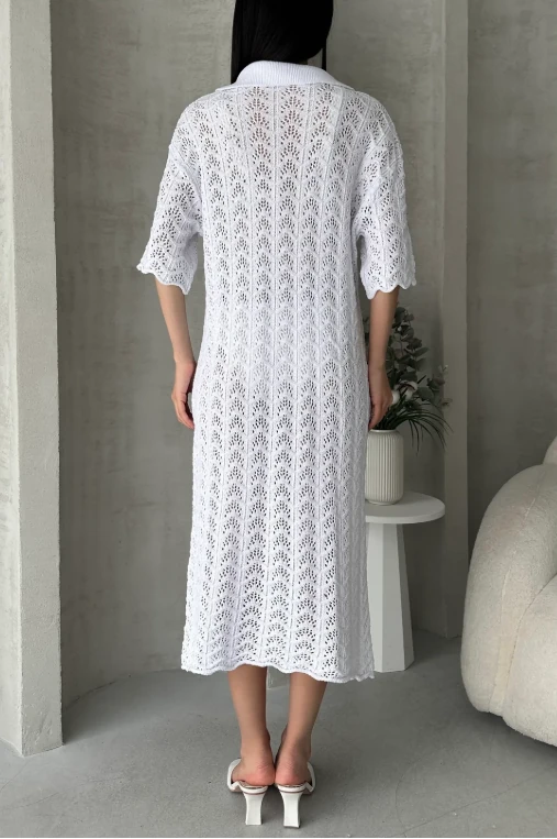 V Yaka Delik İşi Örme Triko Elbise