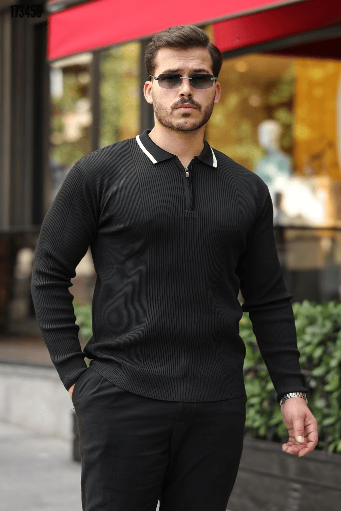 Erkek Trend Çizgi Detaylı Selanik Örme Triko