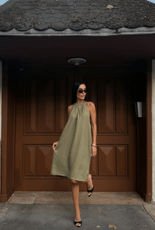 Halter Yaka Dokuma Midi Elbise