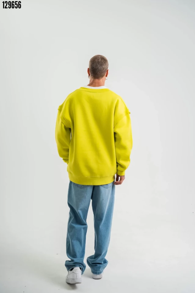 Geniş V yaka Kol Ribana Detaylı SweatShirt - Sarı