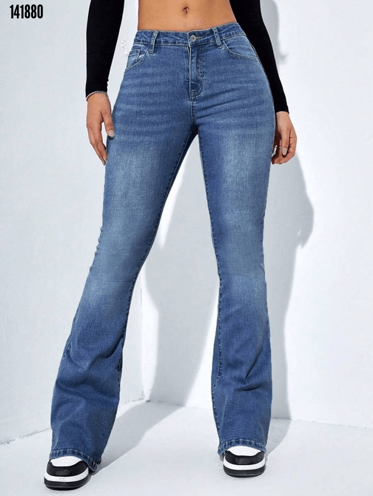 Kadın Yüksek Bel Cepli İspanyol Paça Jeans Pantolon