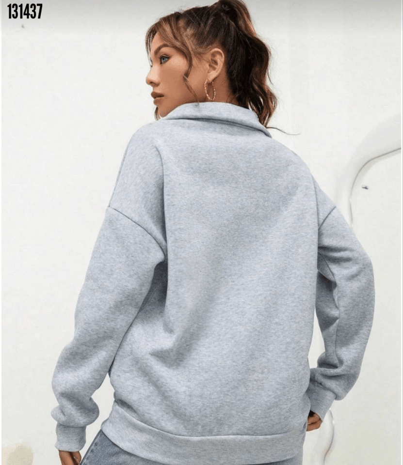 Unisex Uzun Kol Yarım Farmuarlı Yakalı Basic SweatShirt - Gri