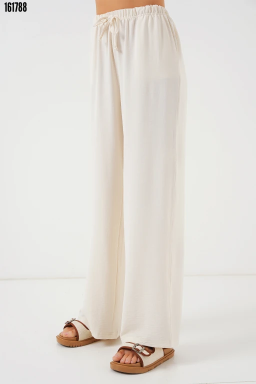 Yüksek Bel Bol Paça Pantolon - Krem
