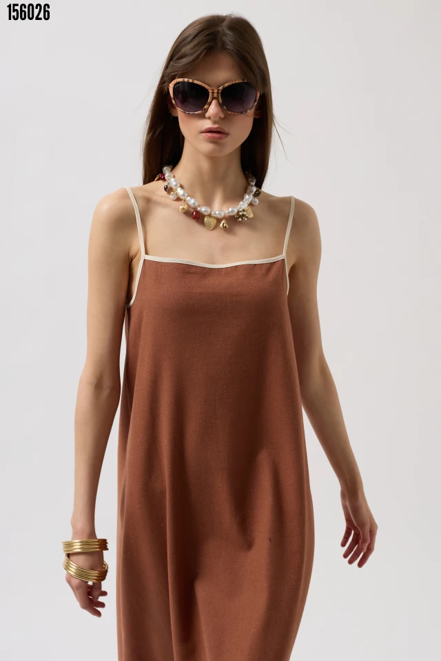 Şerit Detay Keten Maxi Elbise