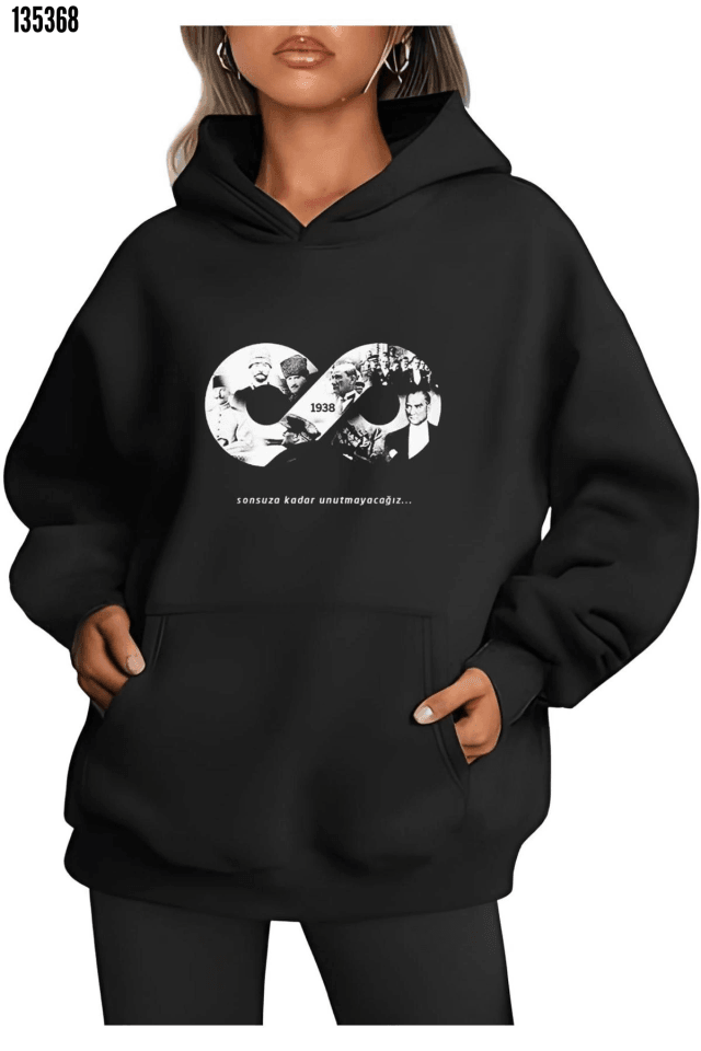Üç İplik Kapşonlu 10 Kasıma Özel SweatShirt - Siyah