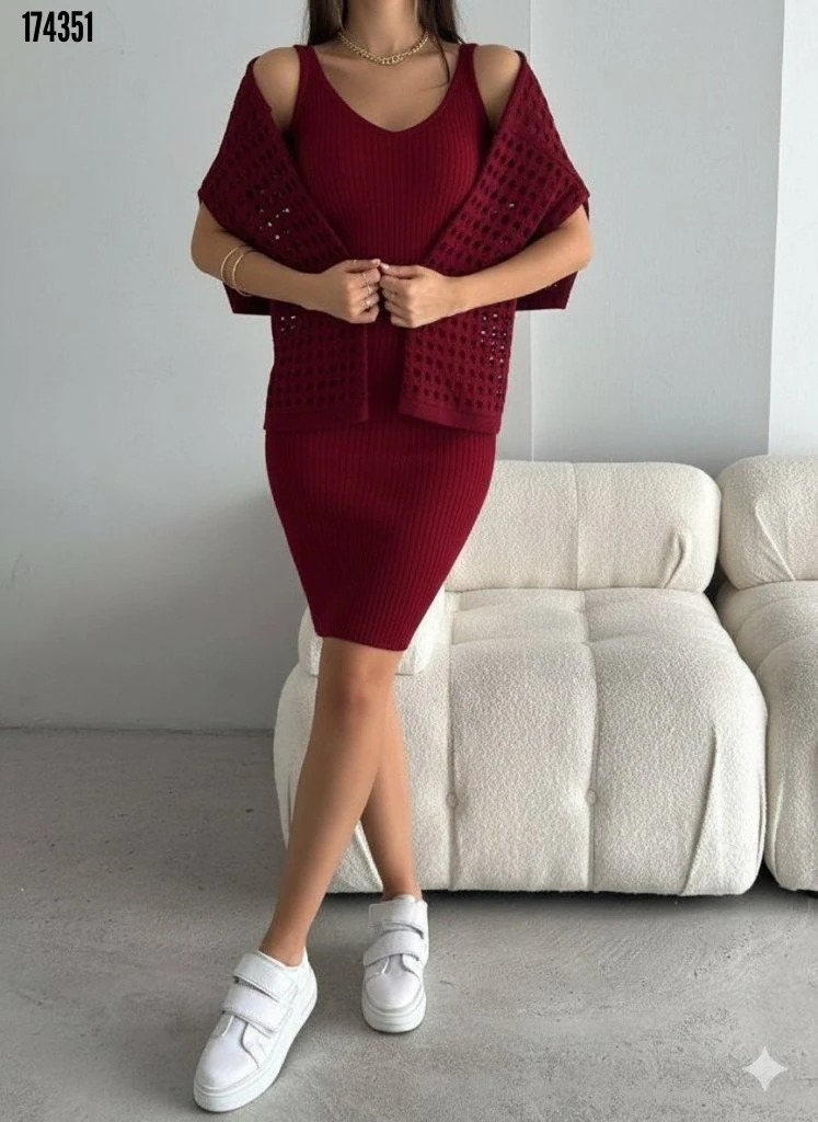 Kadın Uzun Kollu Delikli Kazak Askılı Elbise Triko İkili Takım