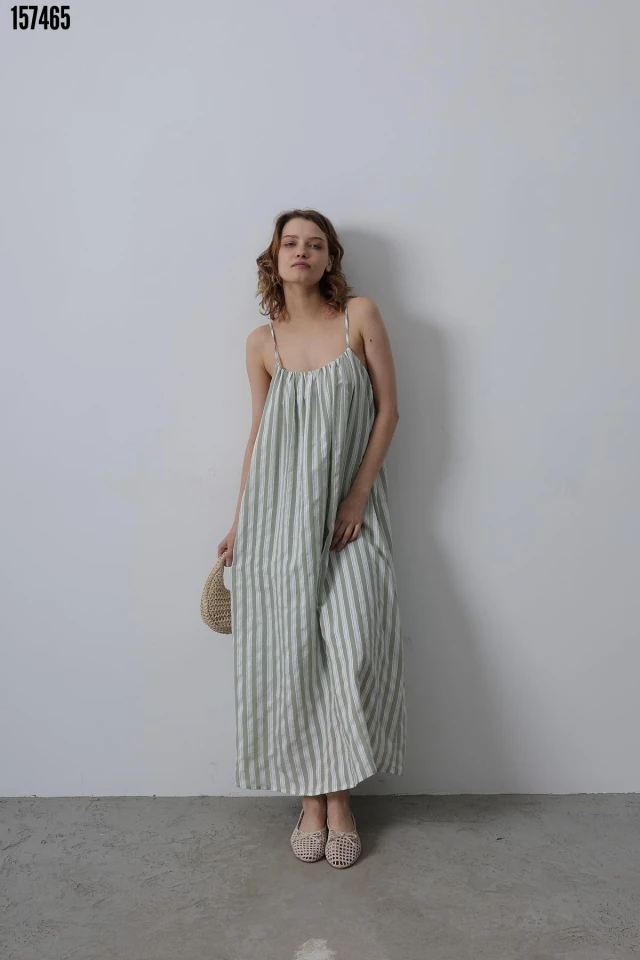 Askılı Çizgi Desen Elbise - Haki