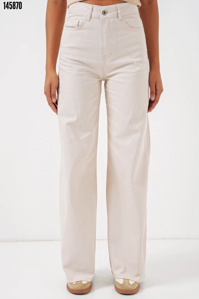 Geniş Paça Yüksek Bel Kot Pantolon - Ekru