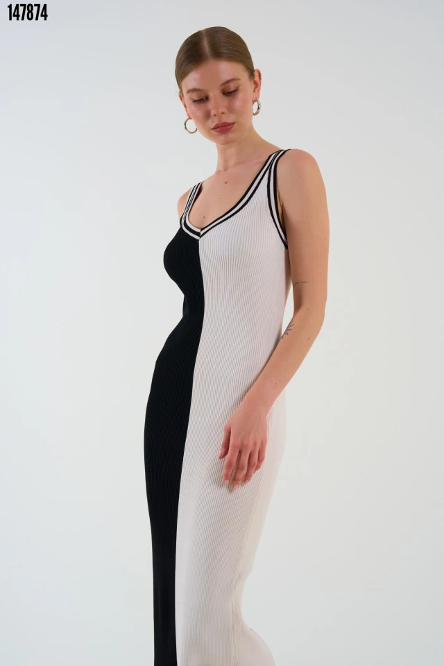 İki Renki Kolsuz Elbise - Siyah-Krem