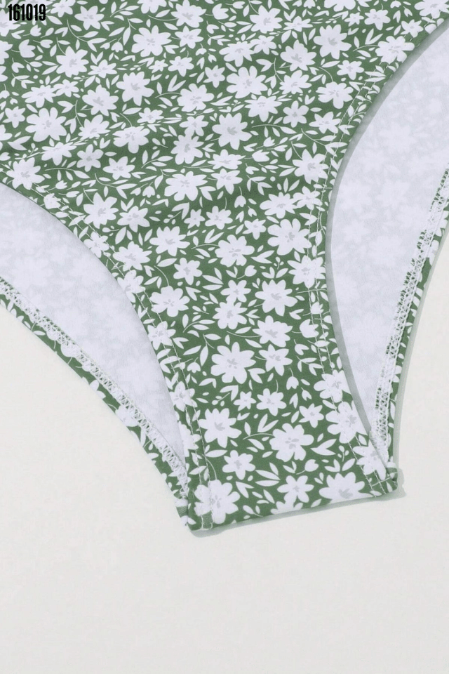 Yeşil Mini Papatya Desenli Etekli 3 lü Mayo Bikini Takım
