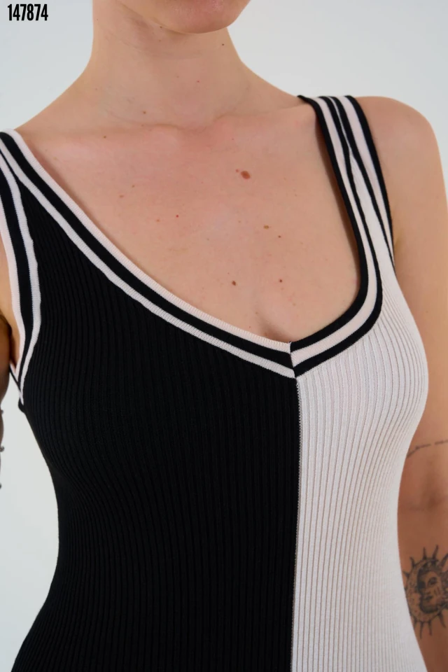 İki Renki Kolsuz Elbise - Siyah-Krem