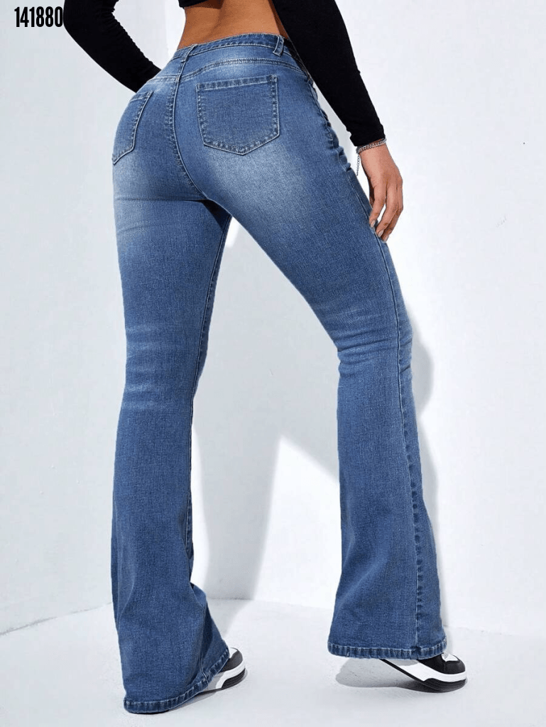 Kadın Yüksek Bel Cepli İspanyol Paça Jeans Pantolon