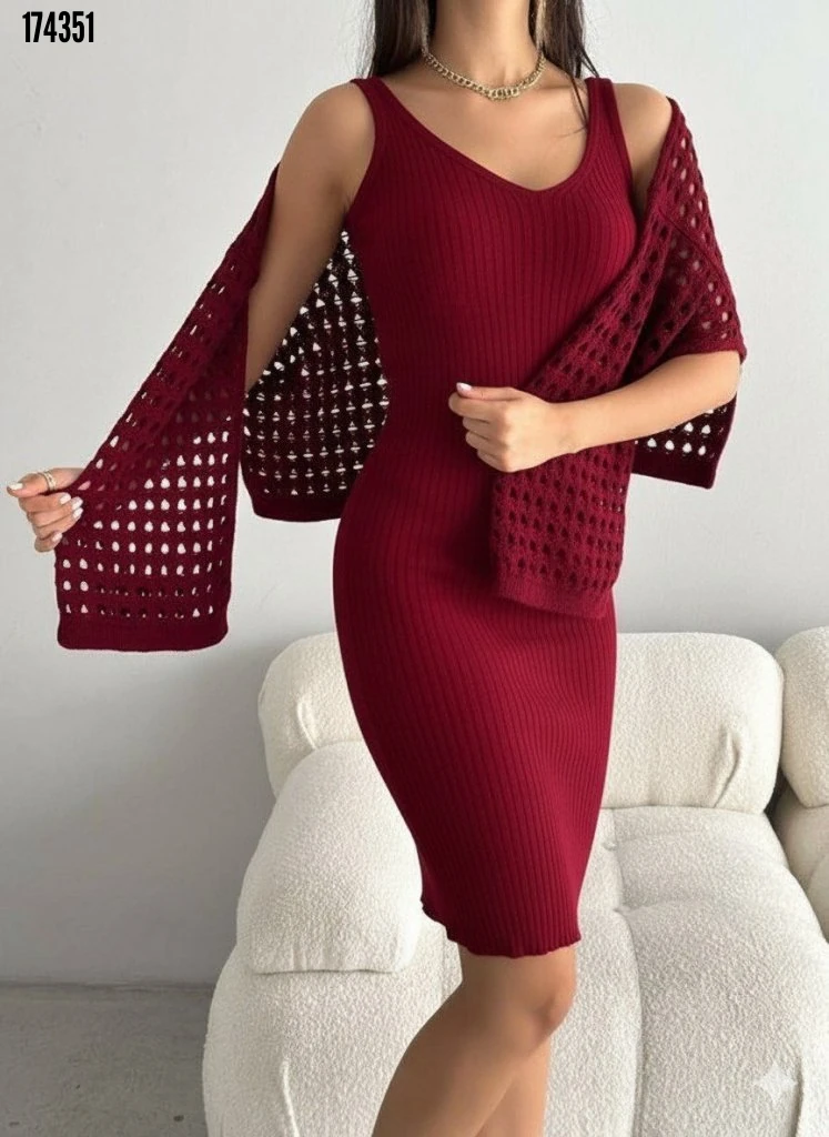 Kadın Uzun Kollu Delikli Kazak Askılı Elbise Triko İkili Takım