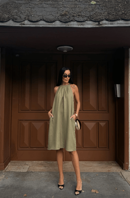 Halter Yaka Dokuma Midi Elbise