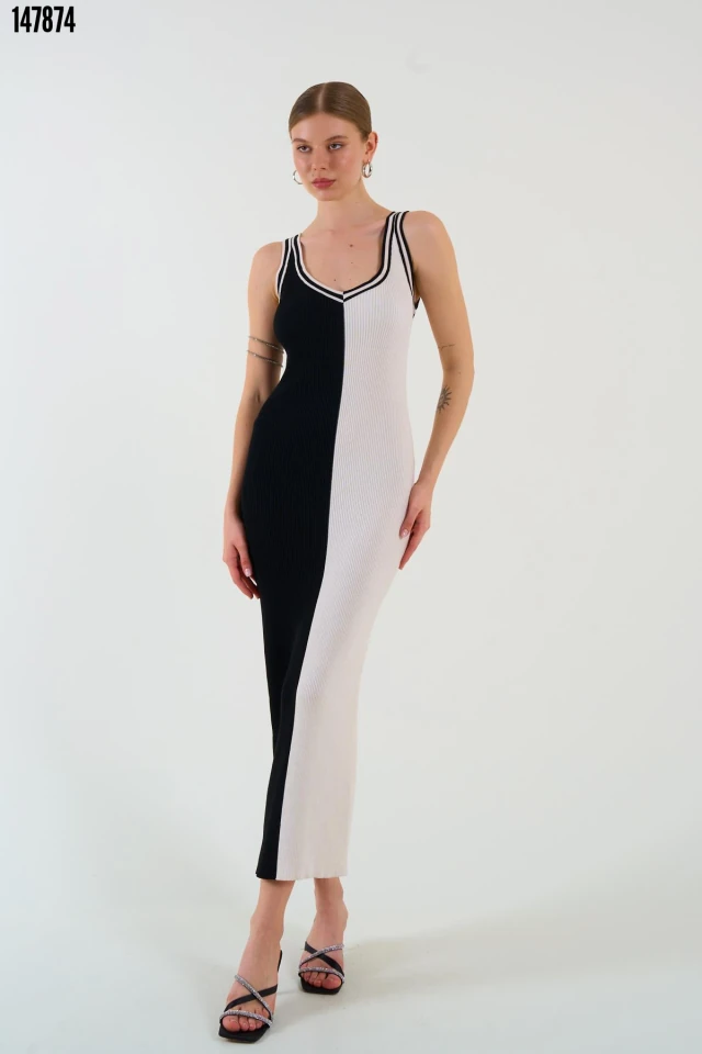 İki Renki Kolsuz Elbise - Siyah-Krem