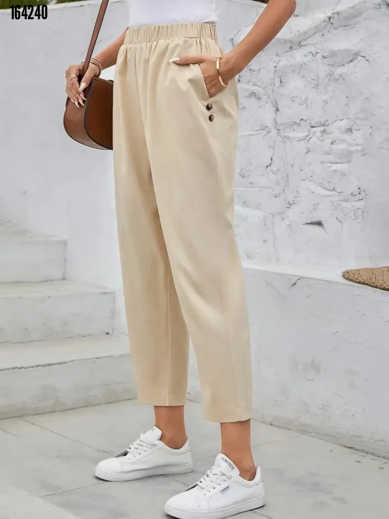 Kadın Yüksek Bel Yandan Cepli Krep Pantolon