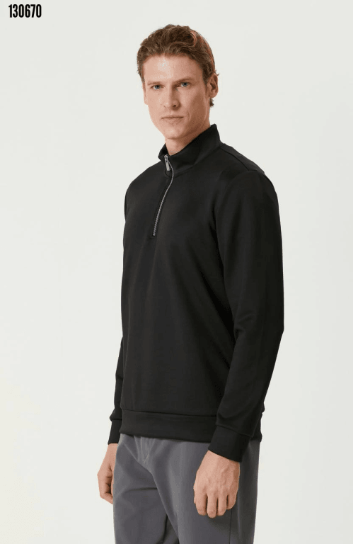 Erkek Yarım Farmuarlı Yakalı Basic SweatShirt - Siyah