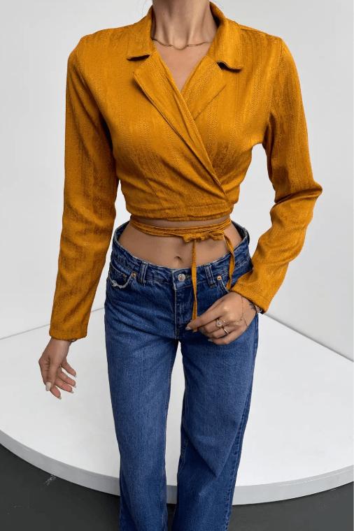 Gömlek Yaka Beli Bağlamalı Crop Bluz