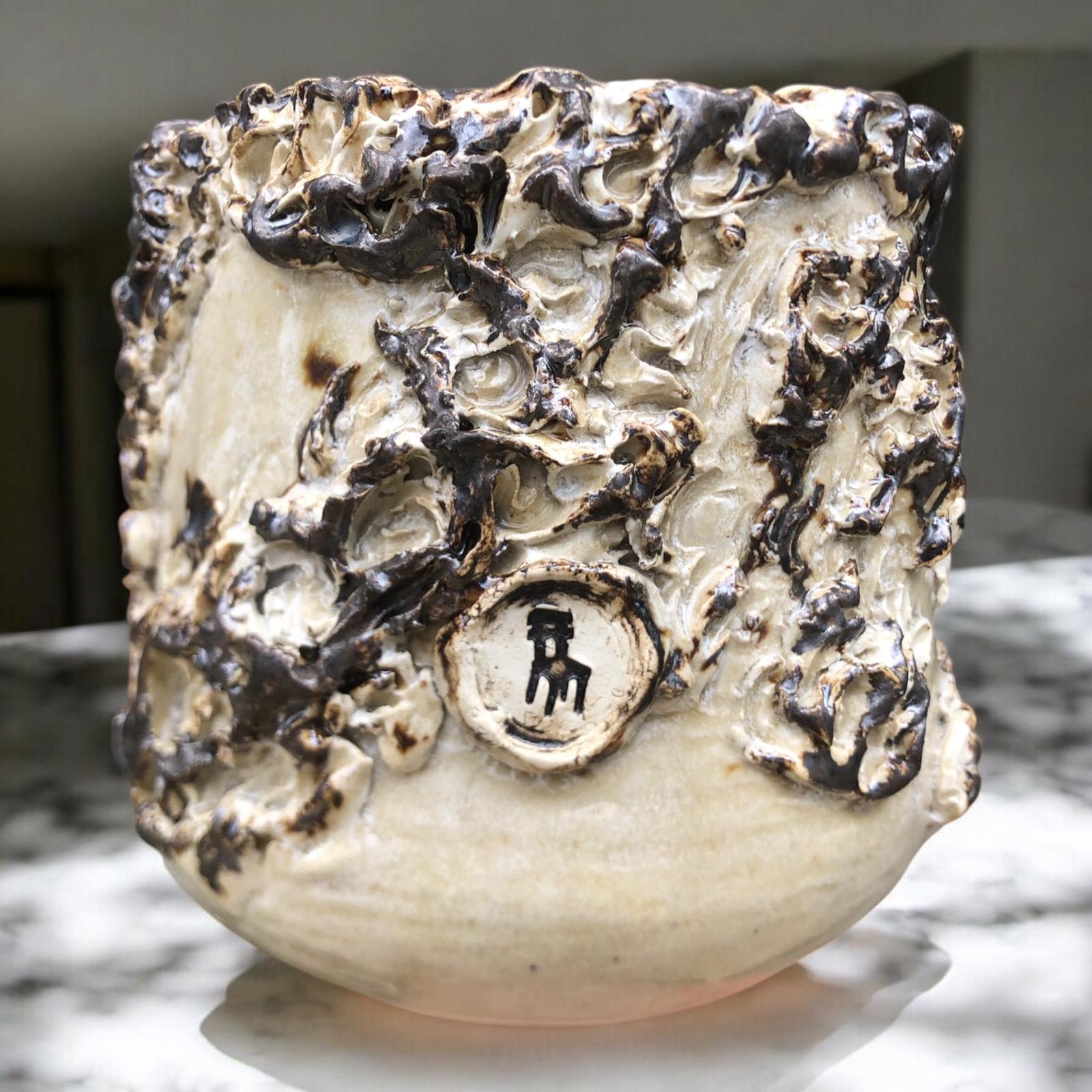 Cream Brown Rölyef Saksı D:13 H:13