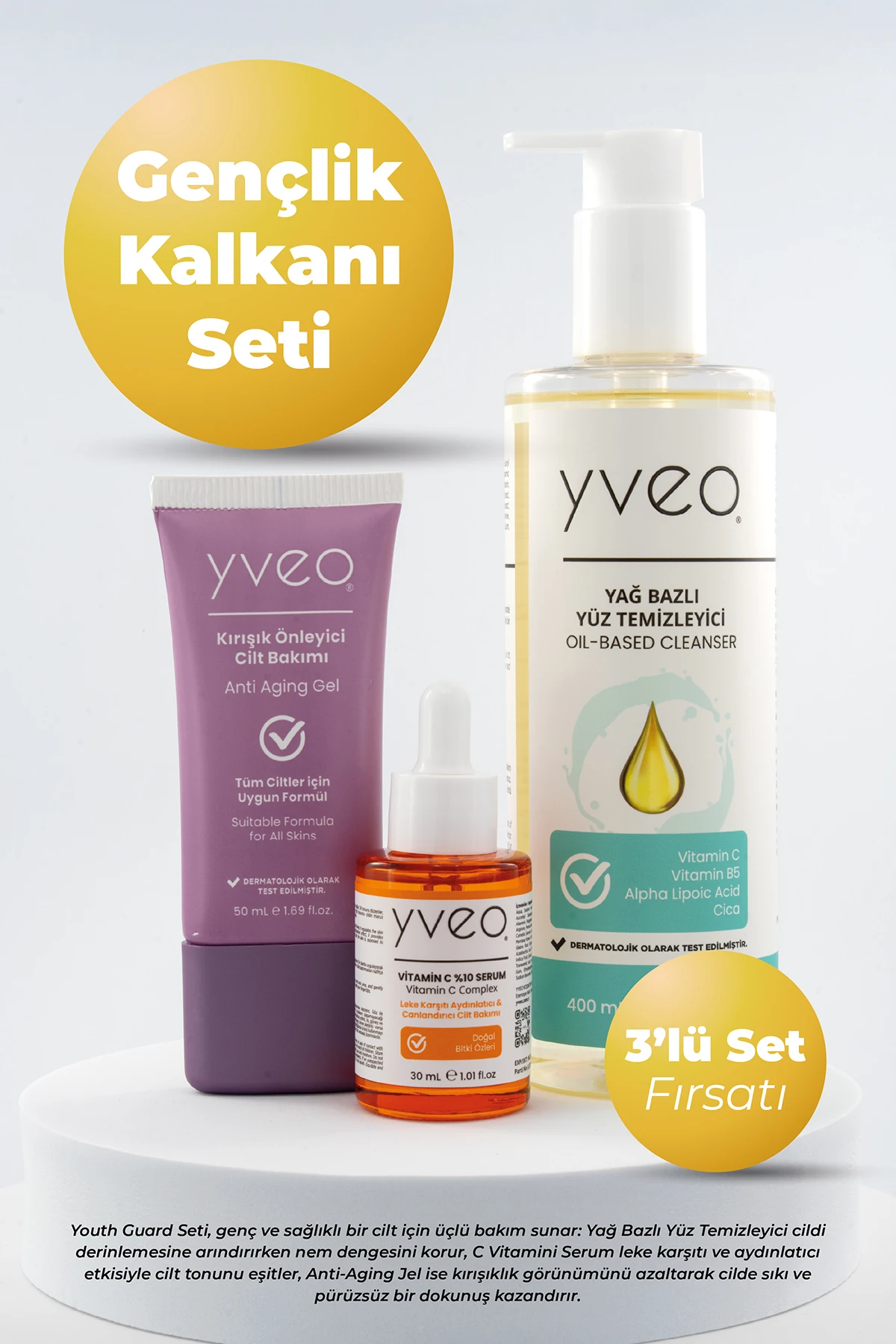 Gençlik Koruması 3 lü Set - Anti Aging Jel, Yüz Temizleme Yağı, C Vitamini