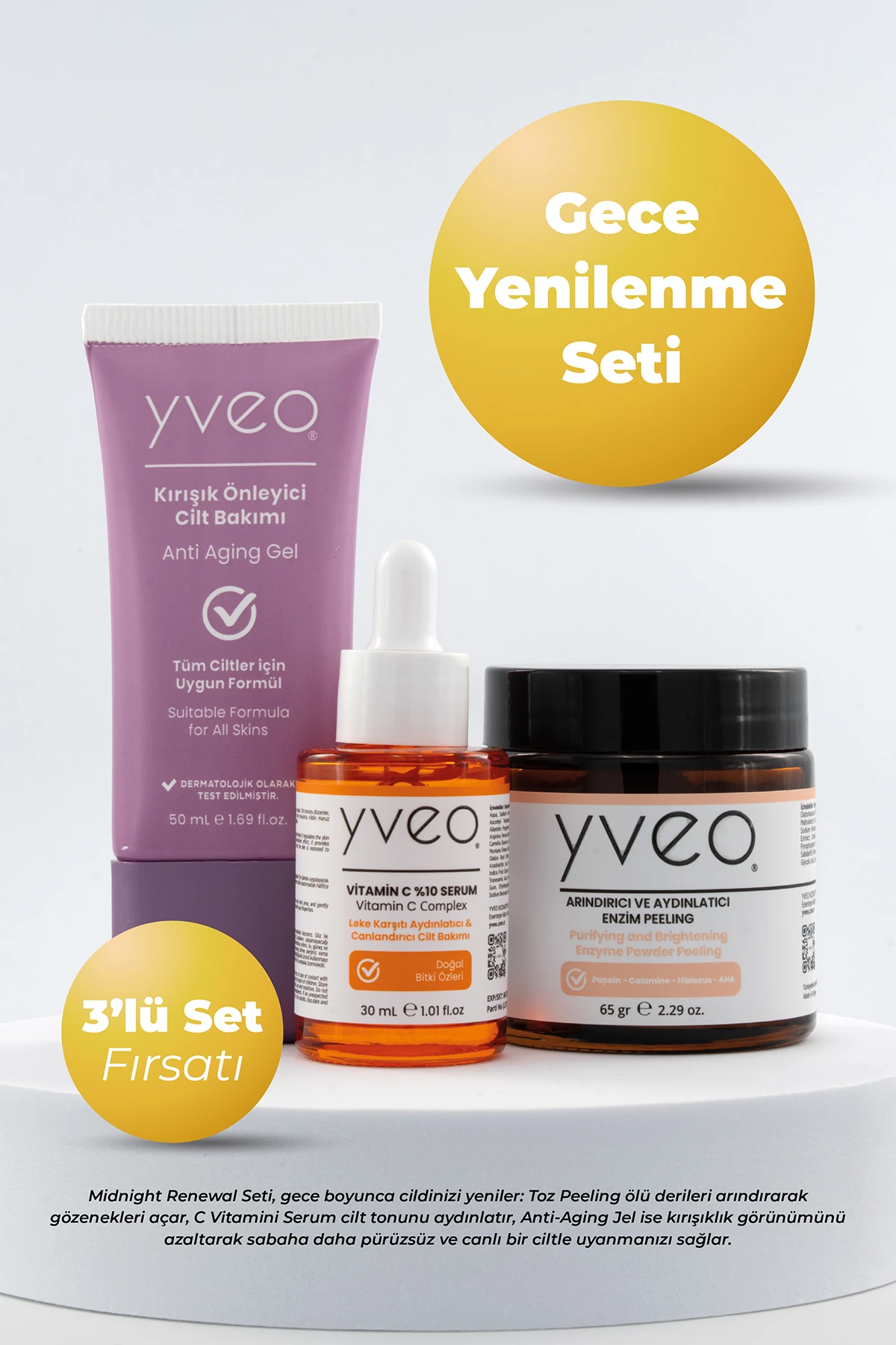 Gece Yenilenme 3lü Set – Anti Aging Jel, Peeling, C Vitamini