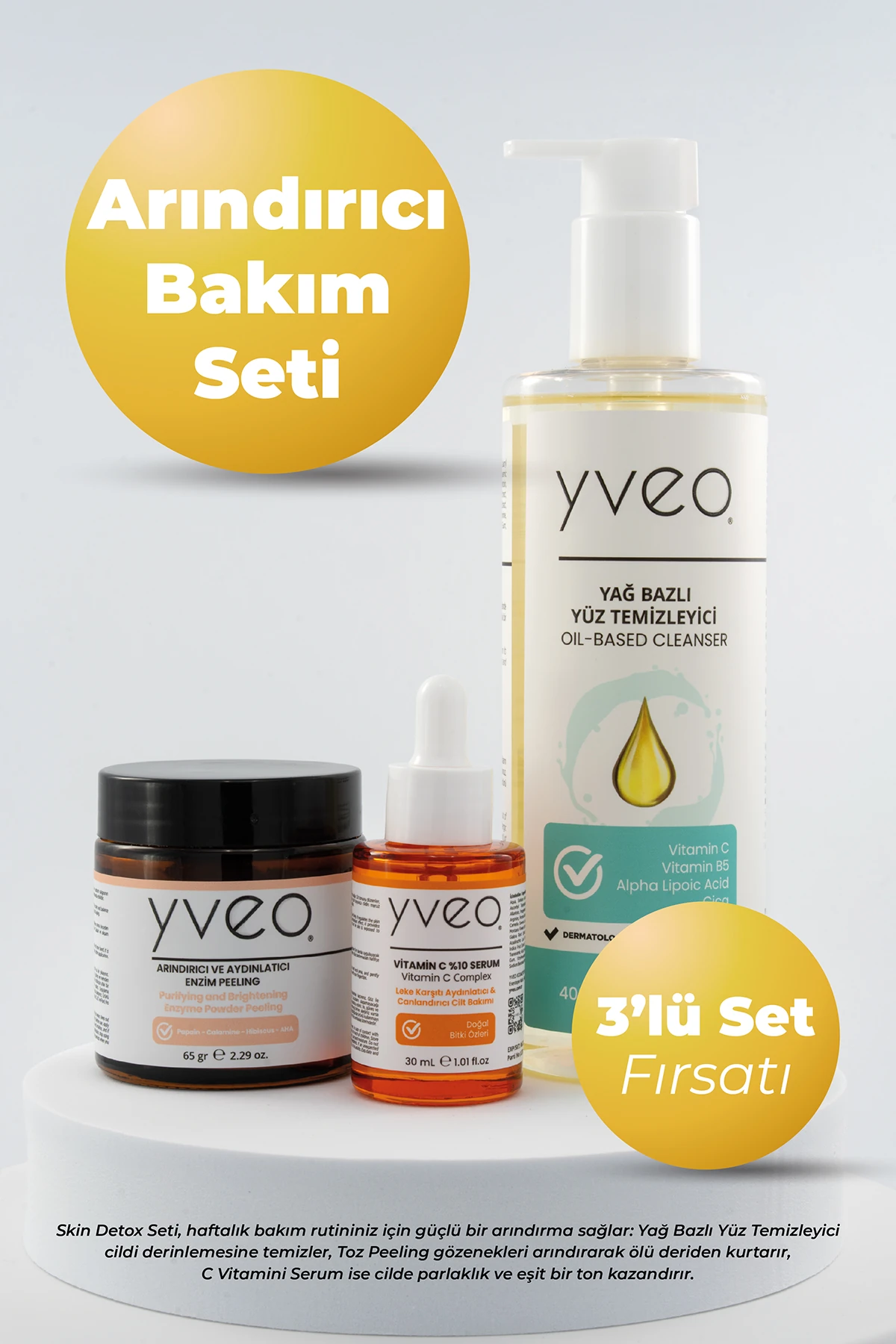 Cilt Detoksu 3 lü Set – Peeling, Yüz Temizleme Yağı, C Vitamini