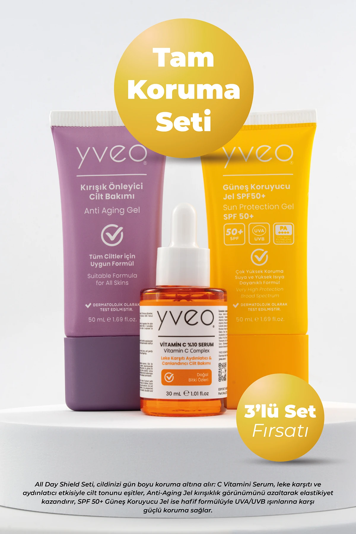 Tüm Gün Koruma 3 lü Set – Anti Aging Jel, Güneş Jeli, C Vitamini
