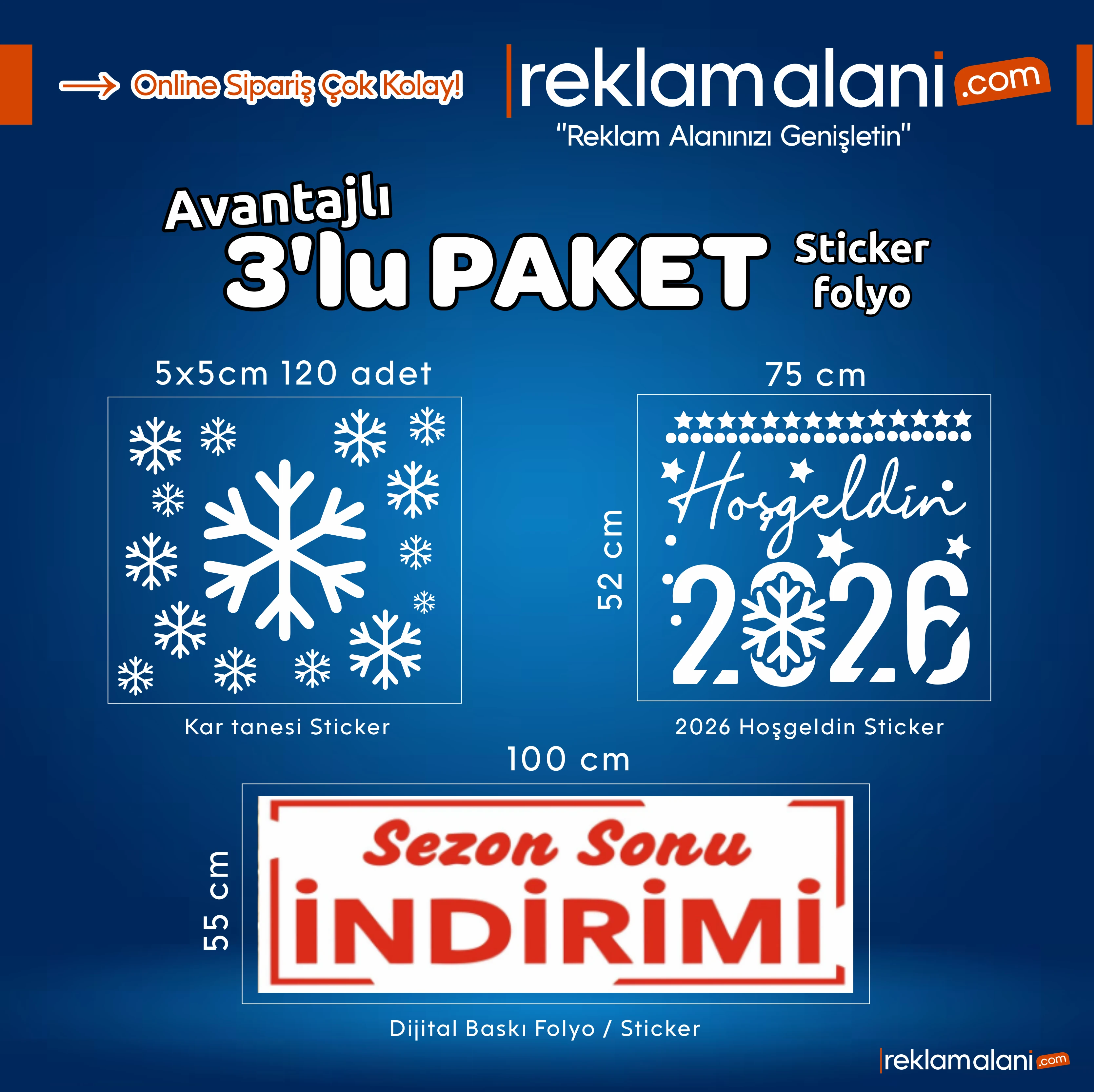 3'lu Paket - 2026 Hoşgeldin Yılbaşı Sticker / Kart Tanesi Sticker / Sezon Sonu İndirim Sticker / Cam Yazısı Mağaza - Vitrin - Dükkan Folyo