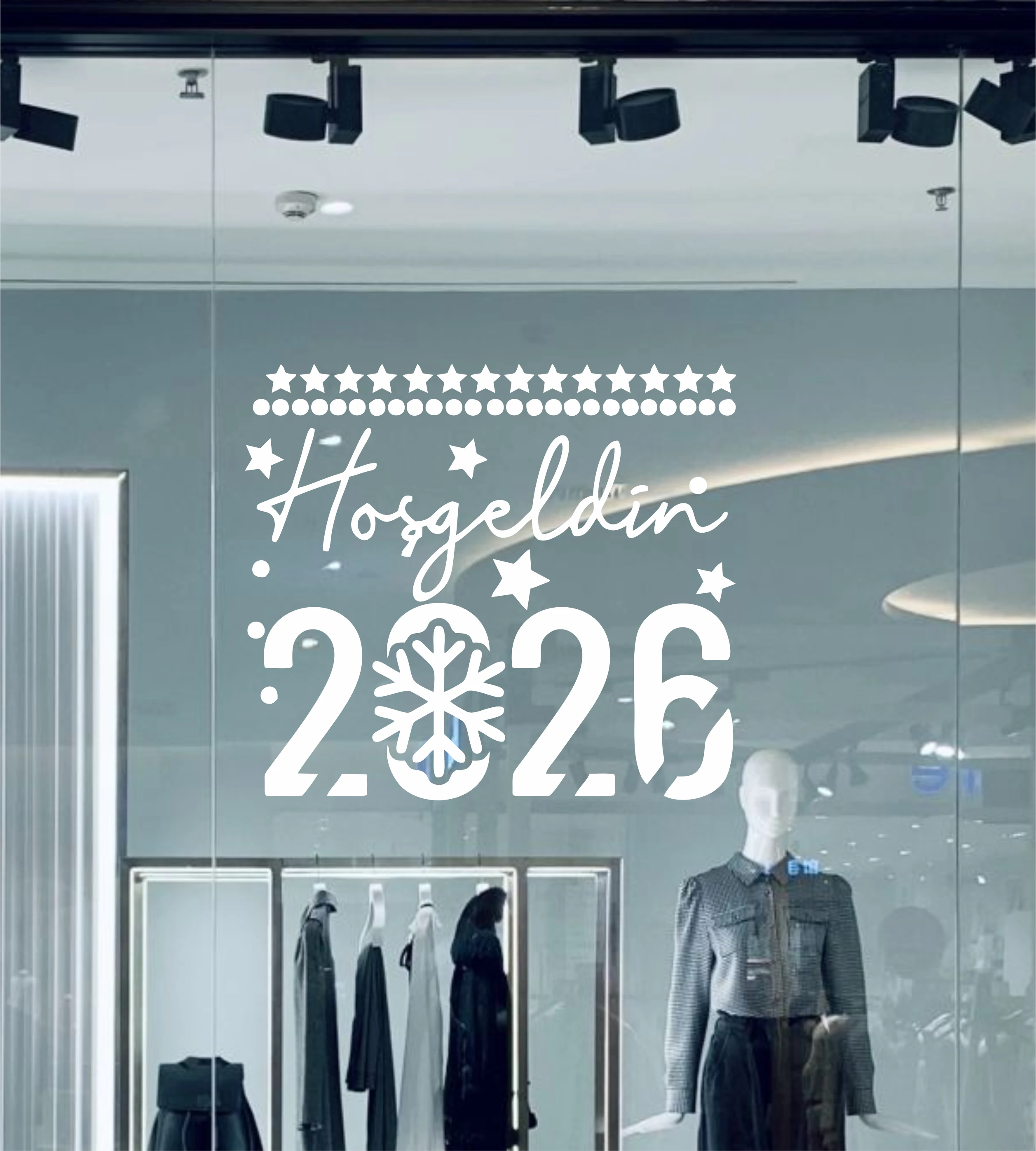 3'lu Paket - 2026 Hoşgeldin Yılbaşı Sticker / Kart Tanesi Sticker / Sezon Sonu İndirim Sticker / Cam Yazısı Mağaza - Vitrin - Dükkan Folyo