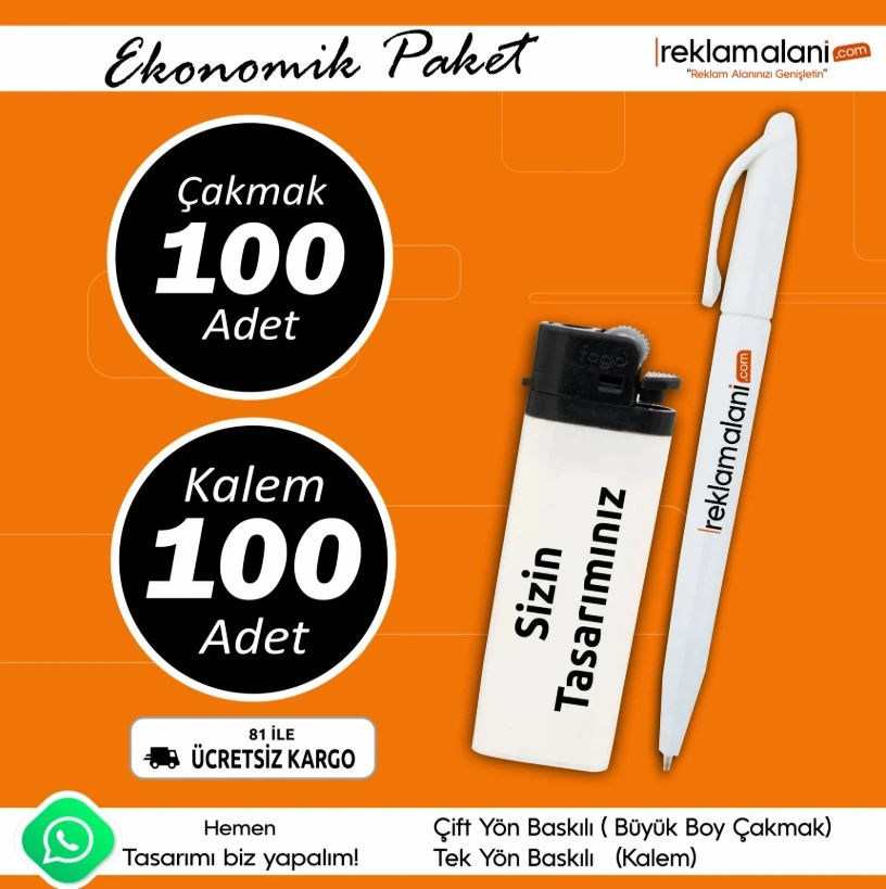 Avantajlı Baskılı 100 Kalem - 100 Çakmak Paketi (Ücretsiz Kargo)