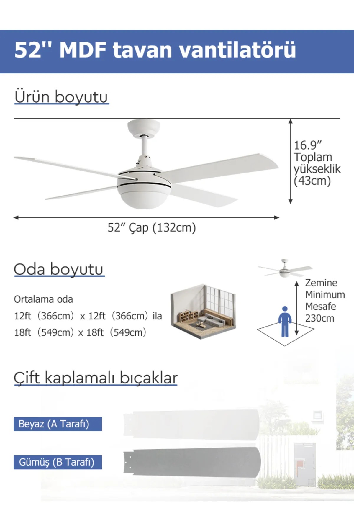 Dlc Alızee Beyaz Tavan Vantilatörü 132 Cm