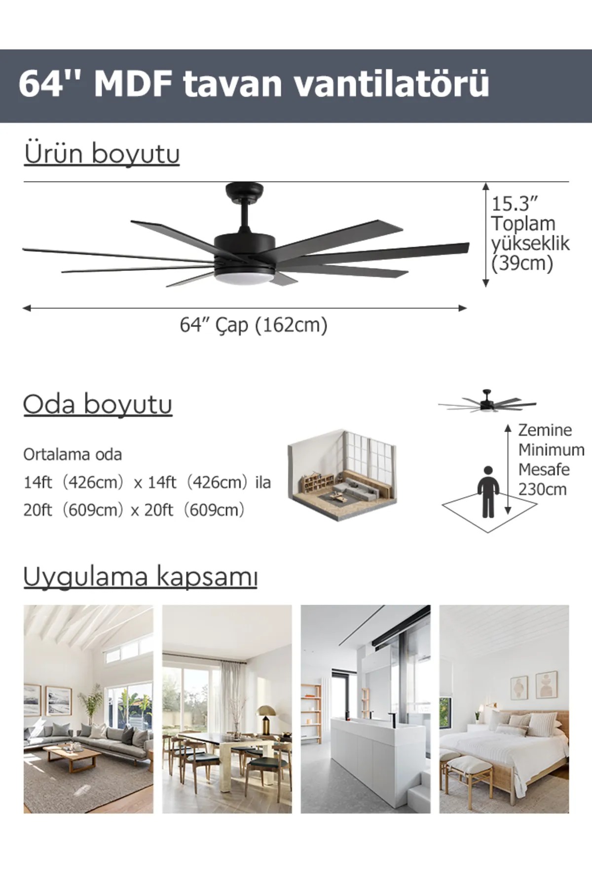 Dlc Zephyr Siyah Tavan Vantilatörü Led 162Cm