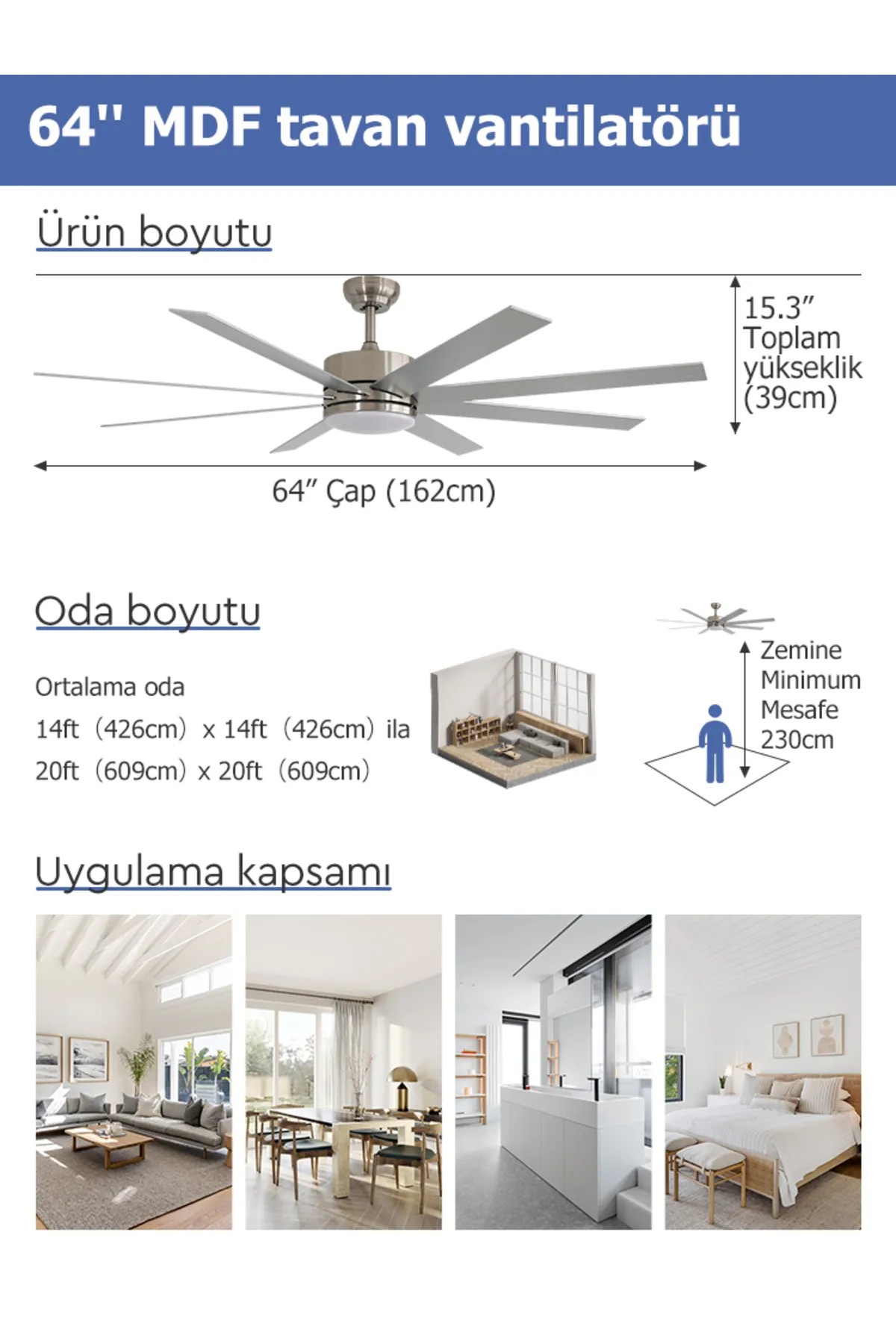 Dlc Zephyr Mat Krom Tavan Vantilatörü Led 162Cm