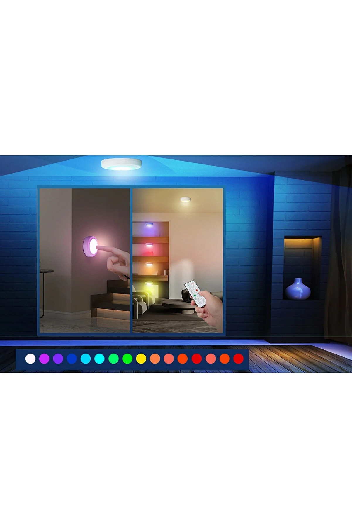 DLC UZAKTAN KUMANDALI 2'Lİ LED SPOT PİLLİ RGB 3M YAPIŞKAN BANTLI