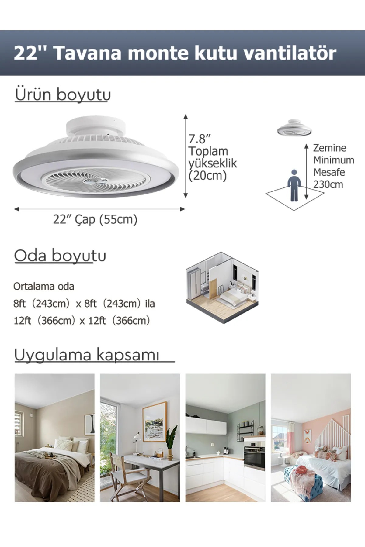 Dlc Aracelı Gümüş Renk Tavan Vantilatörü 56 Cm