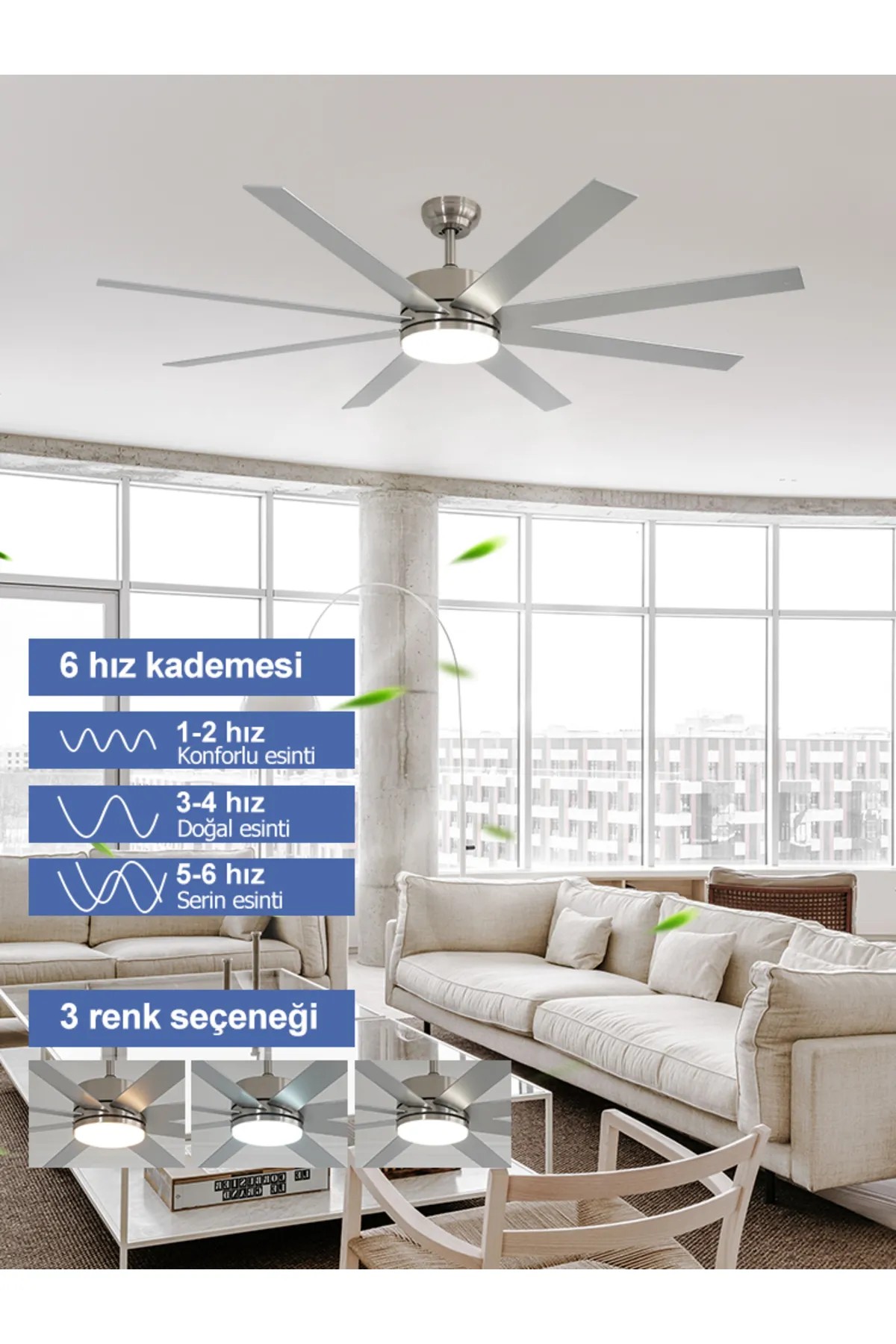 Dlc Zephyr Mat Krom Tavan Vantilatörü Led 162Cm