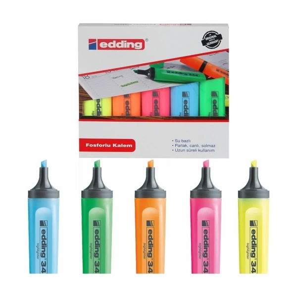 Edding 344 Fosforlu Kalem 5'li Karışık Renk
