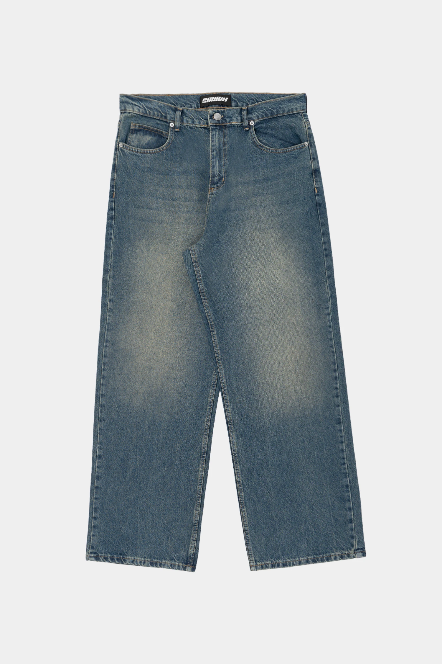 Sohigh Cross Embroidered Baggy Jeans - Mid Blue