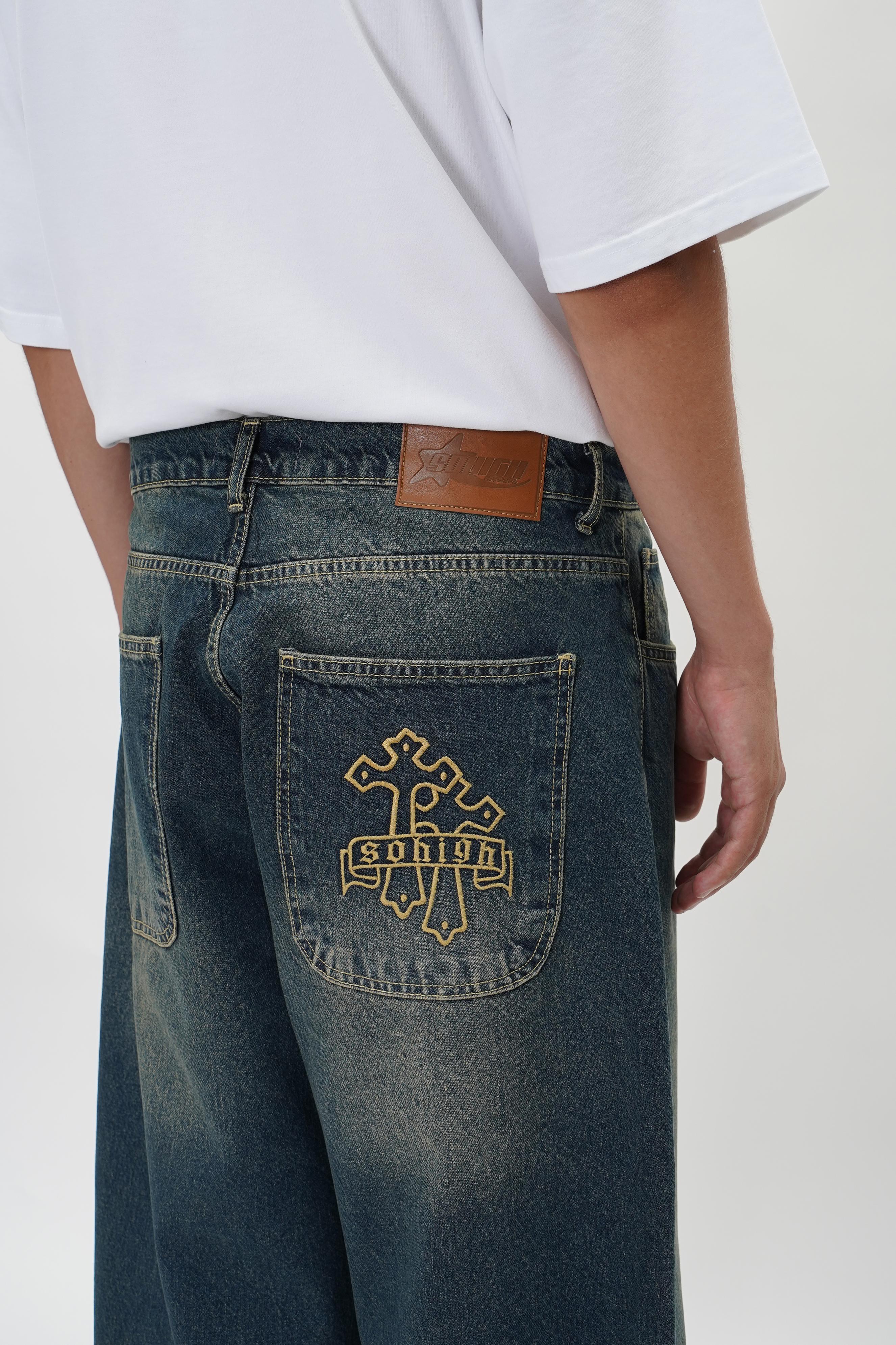 Sohigh Cross Embroidered Baggy Jeans - Dark Tint