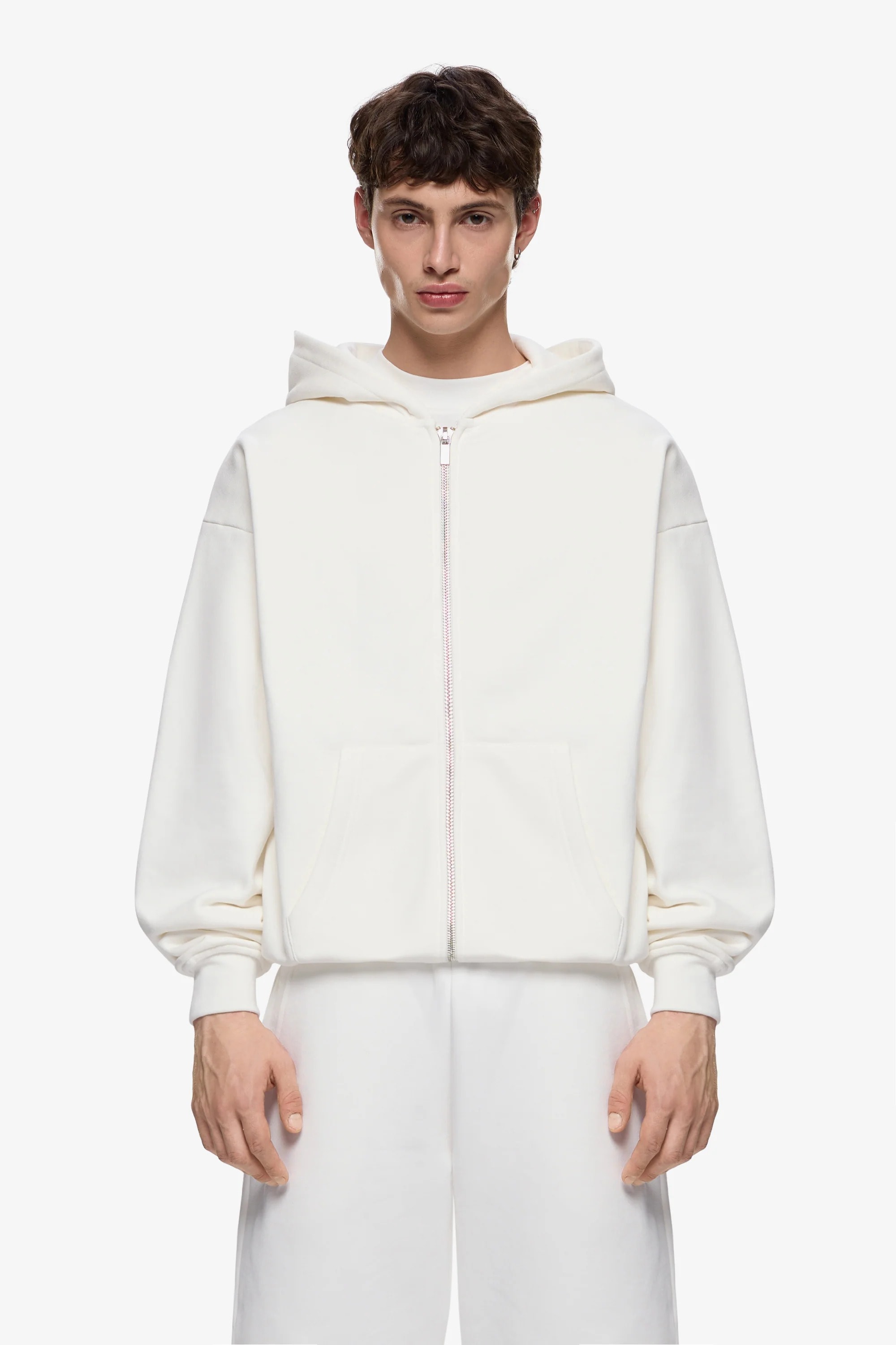 Oversize Heavy Blank Zip Hoodie - Cream