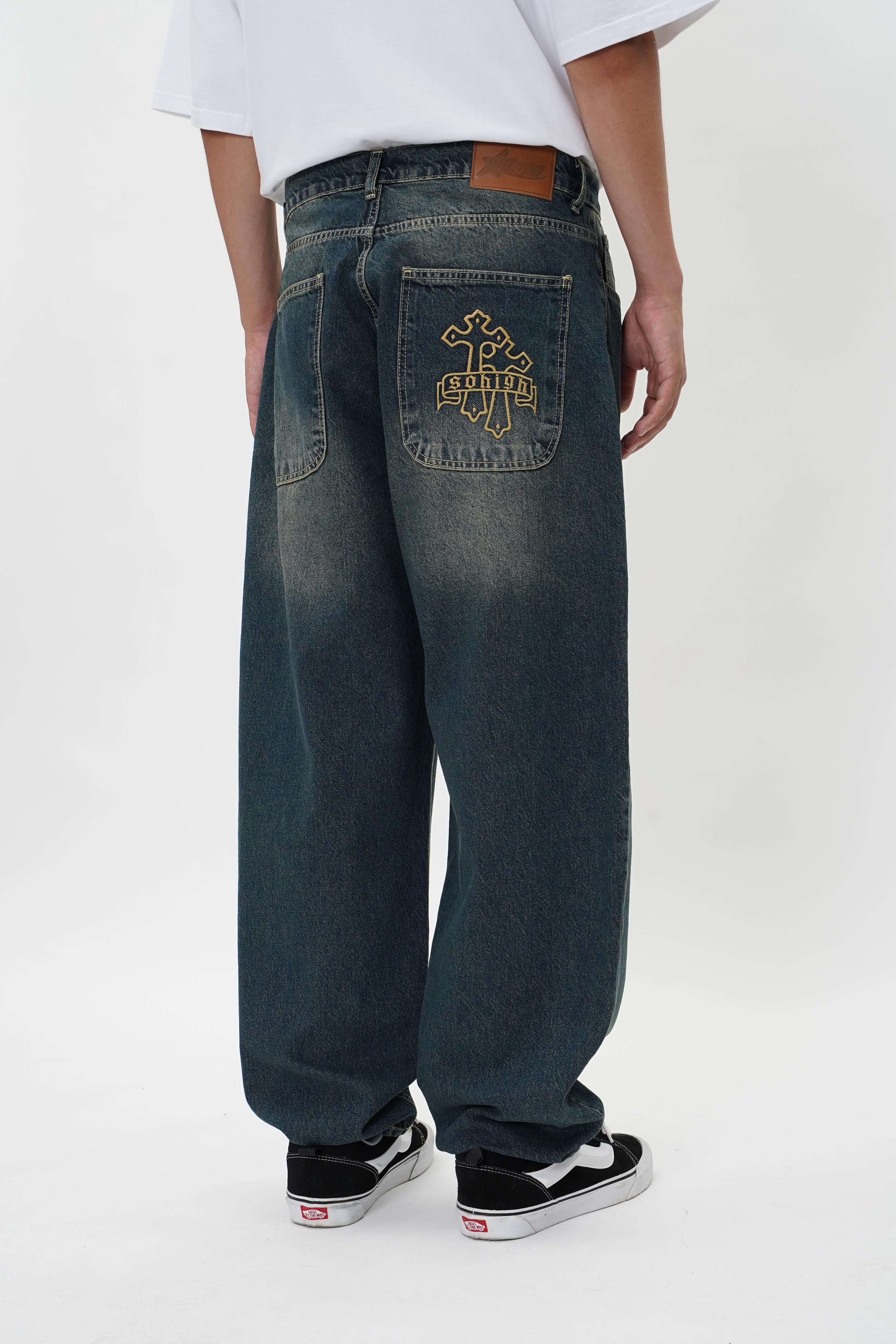 Sohigh Cross Embroidered Baggy Jeans - Dark Tint