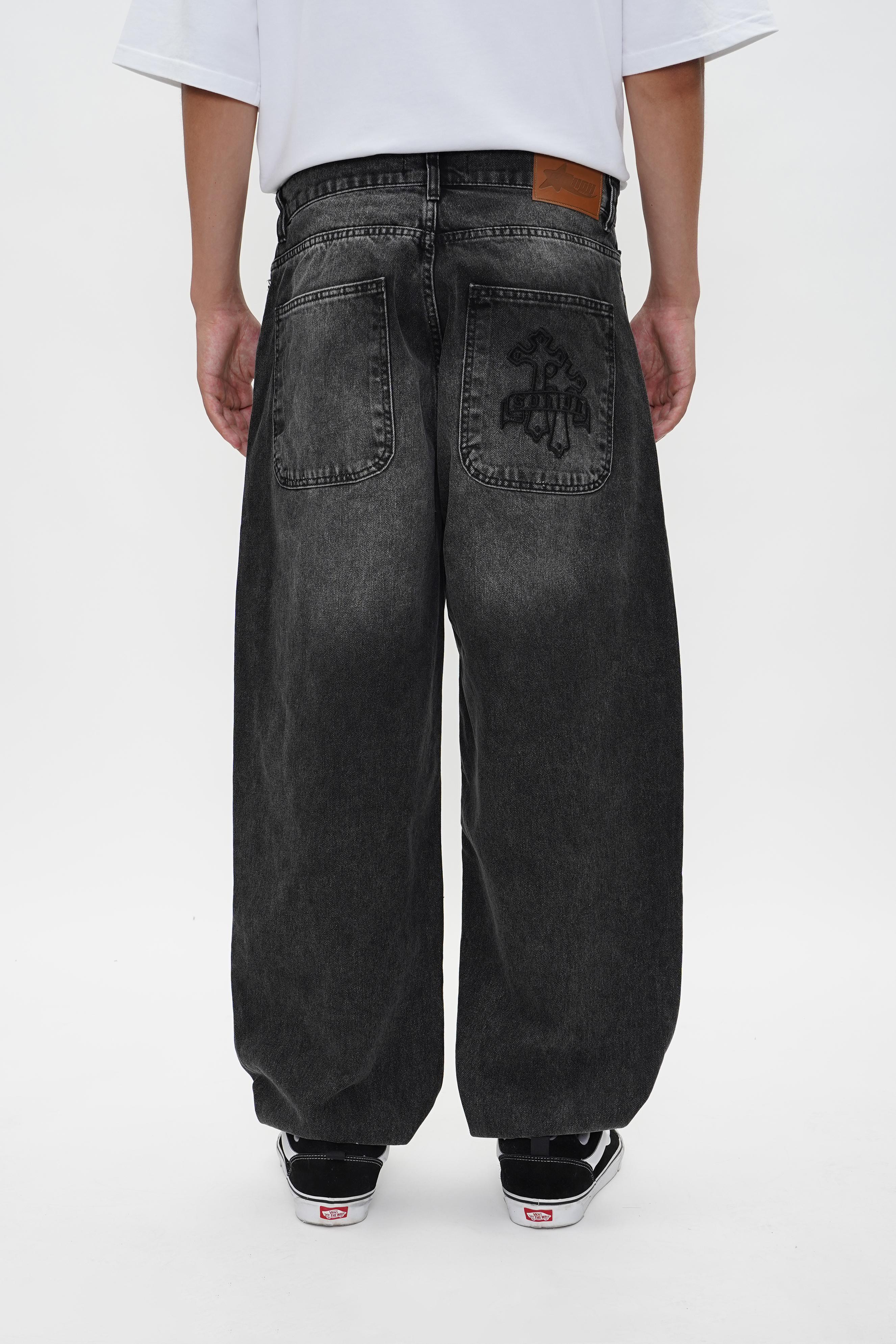 Sohigh Cross Embroidered Baggy Jeans - Black Wash